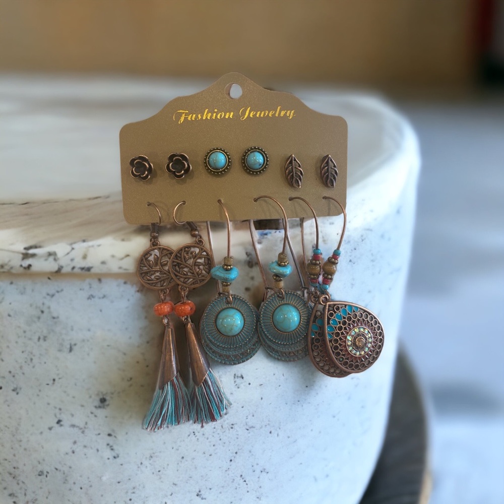 🍀NWT 6pairs Bohemian Tassel & Leaf Decor Earrings